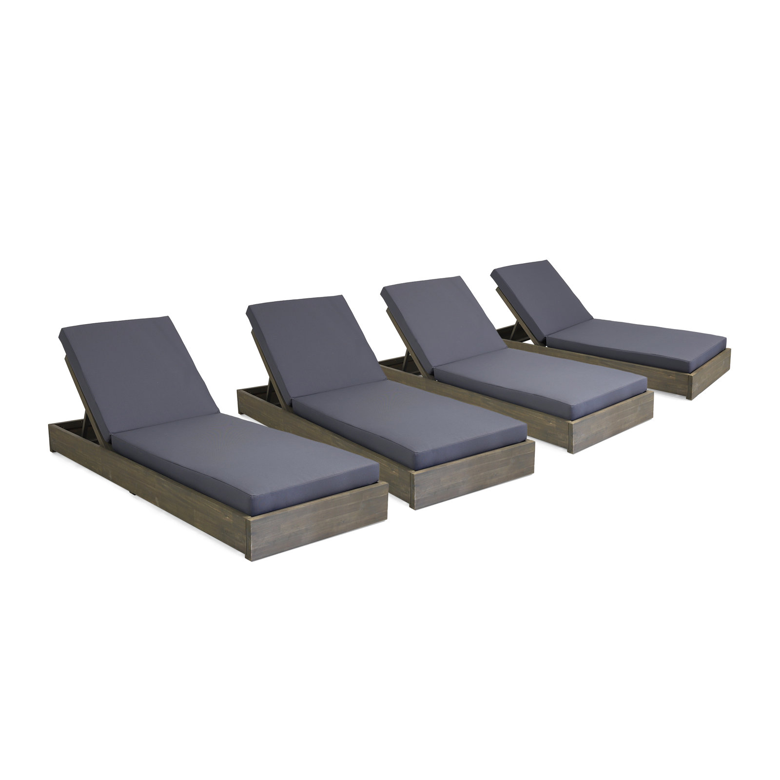 Donnie 30" Acacia Patio Chaise Lounge Set, Dark Gray Cusion/Gray Frame, Set of 4