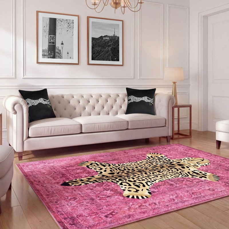  Finely Machine Washable Area Rugs, 7'10 x 10', Hot Pink Leopard