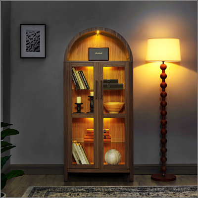 Modern Wood Frame Glass Display Cabinet, Adjustable Glass Shelves & Fixed Load-Bearing Wood Partition, Curved Arched Top Storage Cabinet with Elevated Support Legs, Multi-Functional Accent Cabinet for Living Room Entryway Bedroom