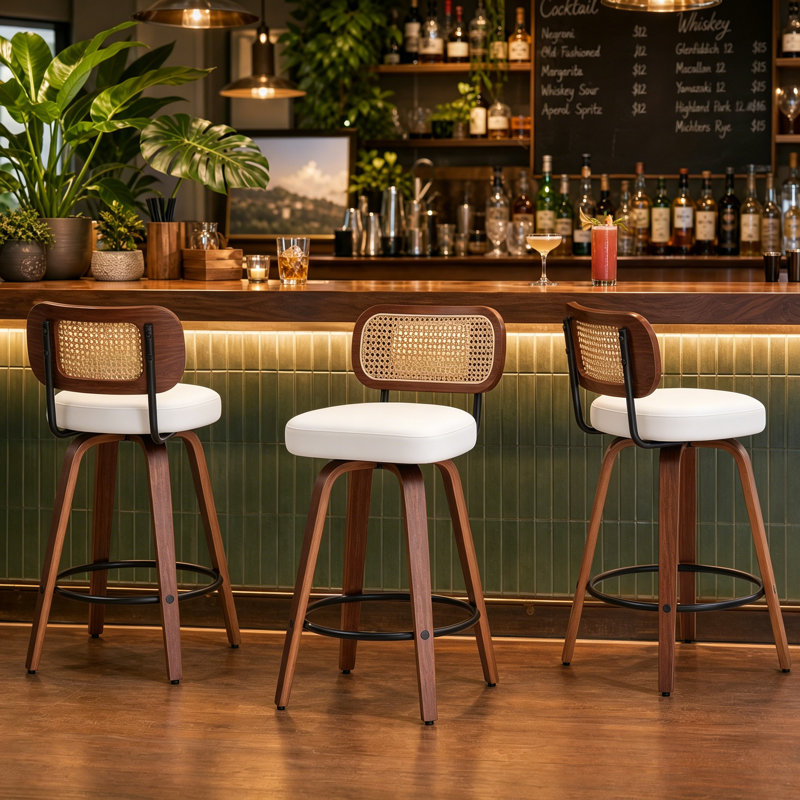 Ensemble de tabourets de bar 34 pouces (3 pièces) - Finition noyer noir, dossier en osier, coussin de siège en lin, conception pivotante, convient aux îlots de cuisine, aux bars et aux comptoirs