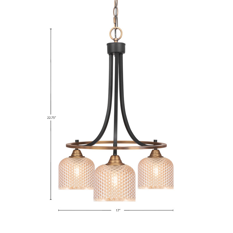 Lustre 3 lumières Willard présenté en noir mat et finition nouvel âge en verre texturé ambre de 6 po