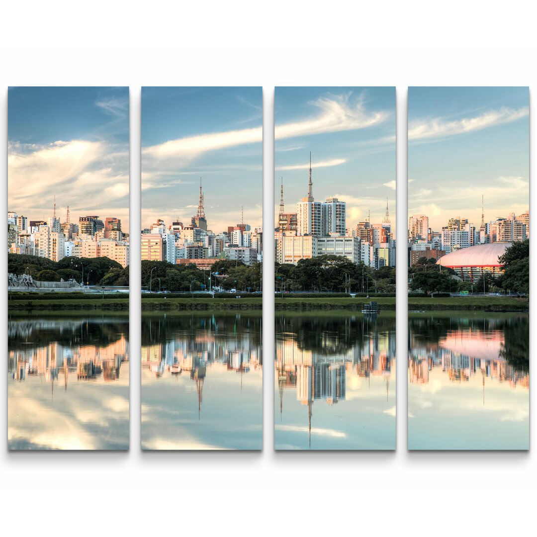 4-tlg. Leinwandbilder-Set Skyline von Sao Paulo mit Spiegelung im Wasser