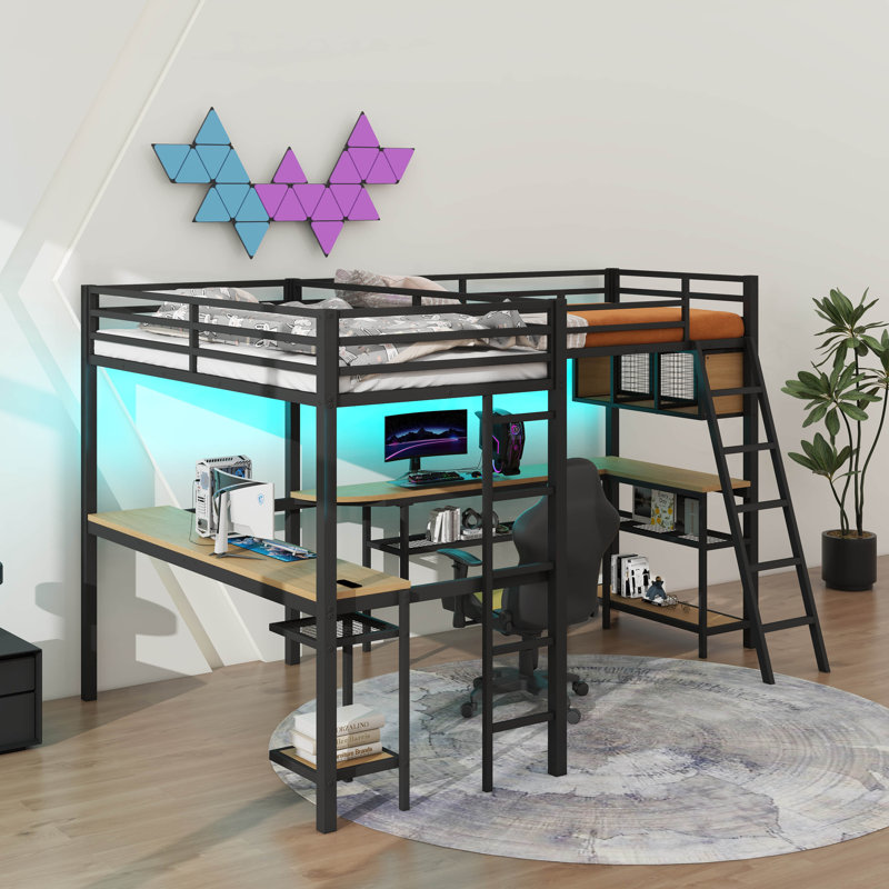 Metal Twin Size L-Shaped Loft Bed With LED, Storage Shelves, 2 Charging Stations And Desks
