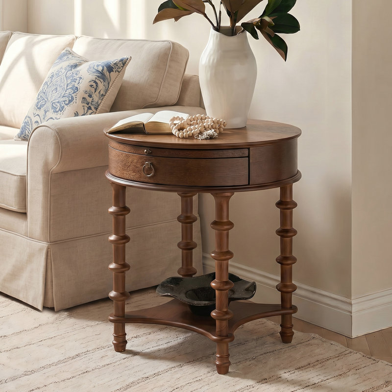 Table de bout haute 24 po Golsner Alban Farmhouse avec tiroir de rangement et tablette coulissante, Noyer