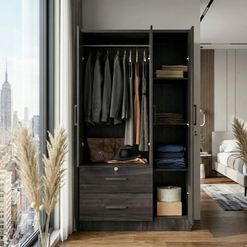 Garde-robe 3 portes, 2 tiroirs, 1 serrure Ke Wilson - 36 W, Tabac