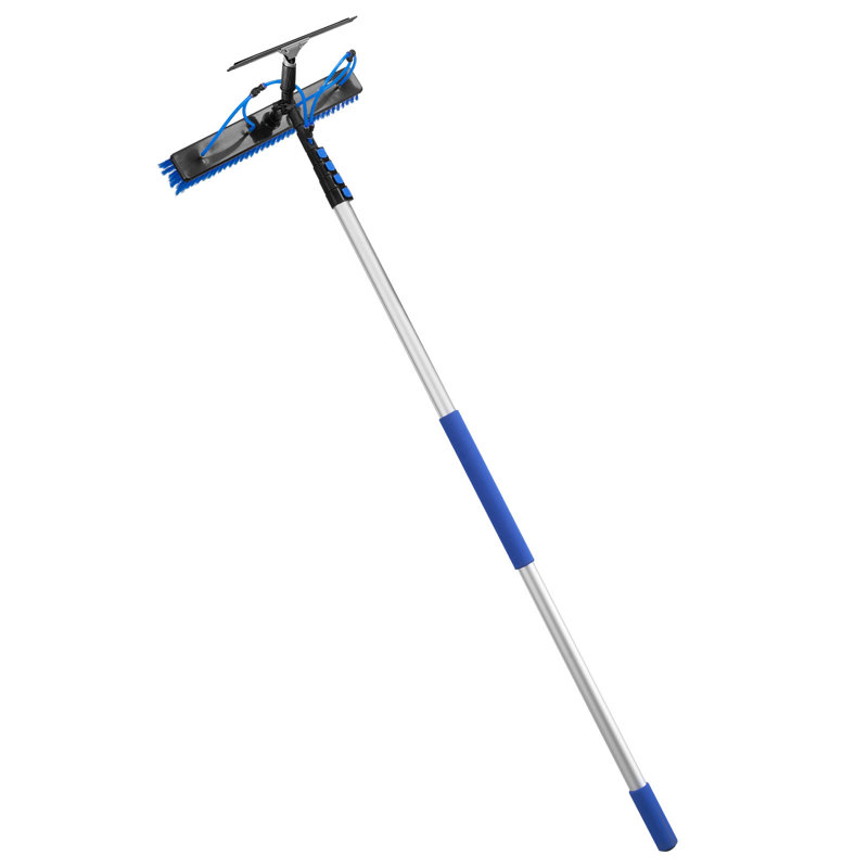 Ensemble de nettoyage de panneau solaire, ensemble de poteau alimenté à l'eau avec brosse de nettoyage, raclette, distributeur de savon, poteau télescopique en aluminium extensible, tête de brosse rotative à 180 °, pour panneaux solaires montés sur le toit