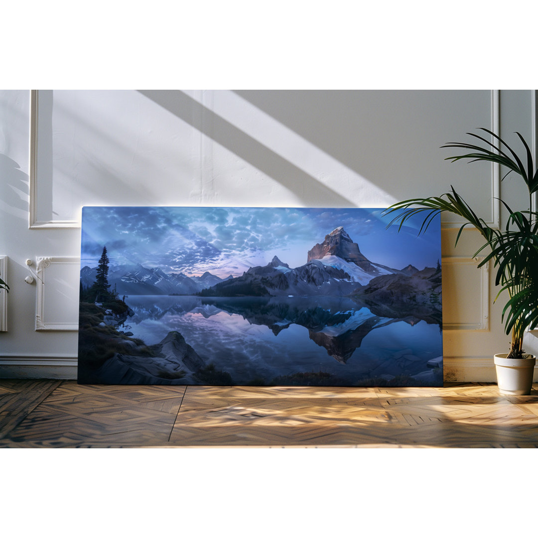 Gerahmtes Bild auf Leinwand 120x60cm Berge Berggipfel Bergsee Natur See Abenddämmerung