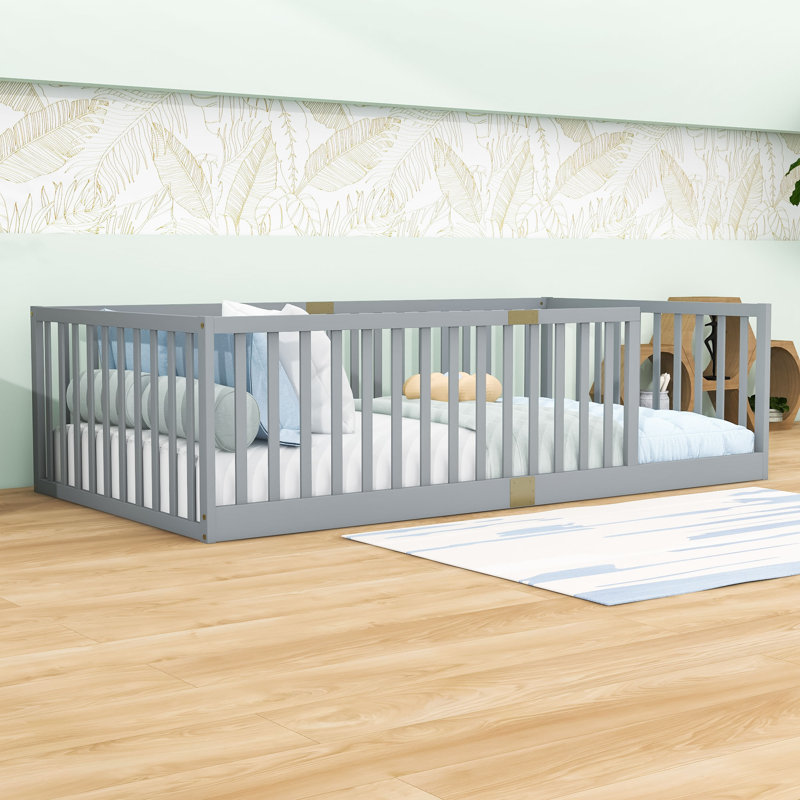 Lit simple en bois avec rails de protection, Gray