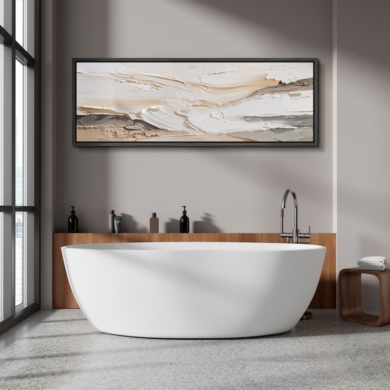 Neutral Cream and White Abstract Wall Art - Large Framed Canvas Master Bedroom Wall Art Print, 20" H x 60" W, Black