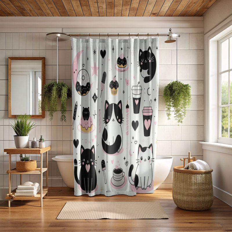 Danaisrtain Black & White Kitties - 1 pièce standard pour douche, H 74 po x l 71 po