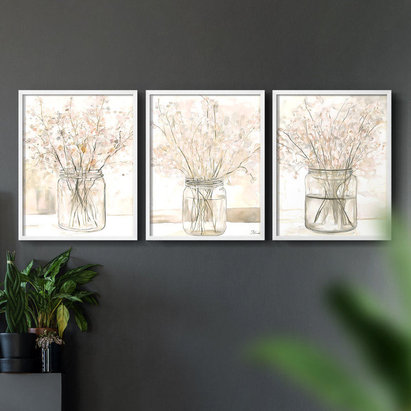 Étude florale CLxxviii - ensemble de 3 estampes giclées encadrées - prêt à être accroché, Blanc, H 10 po x l 24 po