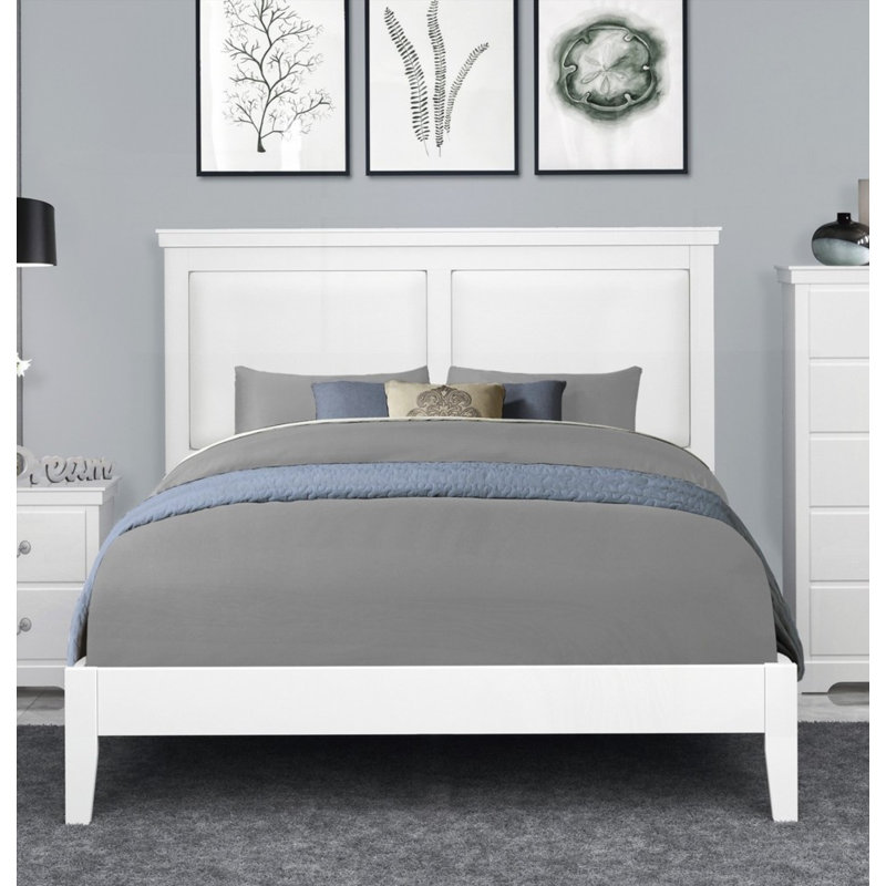 Structure de lit grand classique 1pc avec tête de lit tapissier, finition blanche, aucun sommier requis, soutien solide