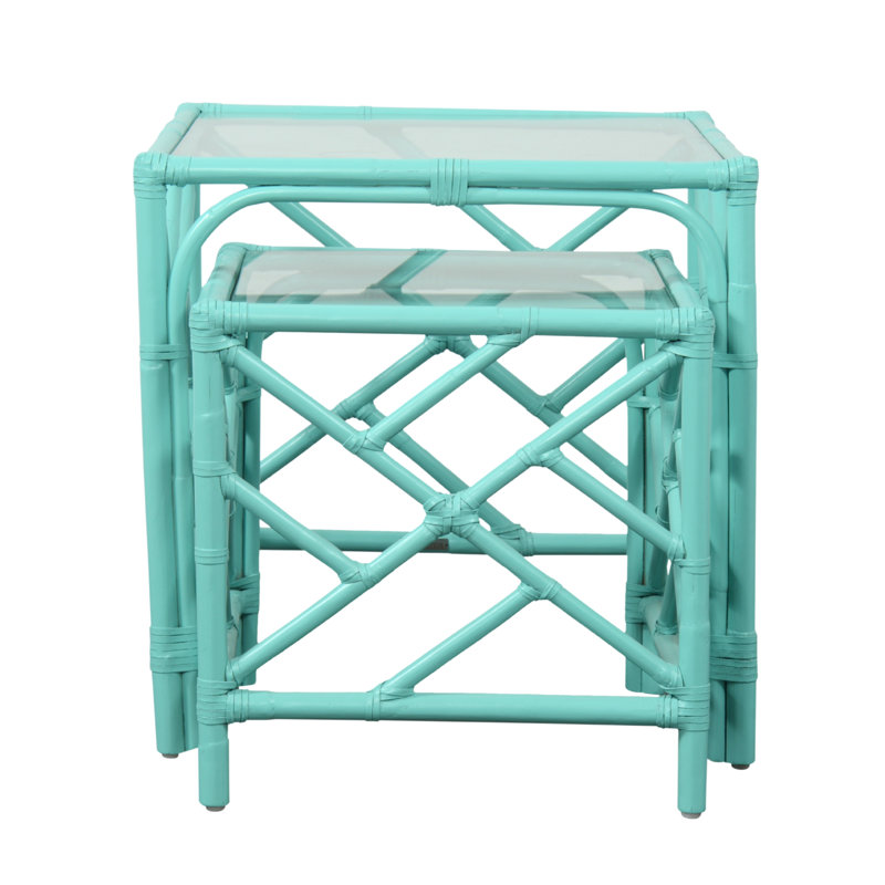 Chippendale Glass Nesting End Table, Turquoise