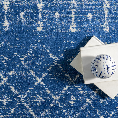 Maslah Geometric Moroccan Power Loom Performance Blue Rug