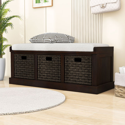 Rustic Storage Bench with 3 Rattan Baskets and Removable Cushion by Latitude Run