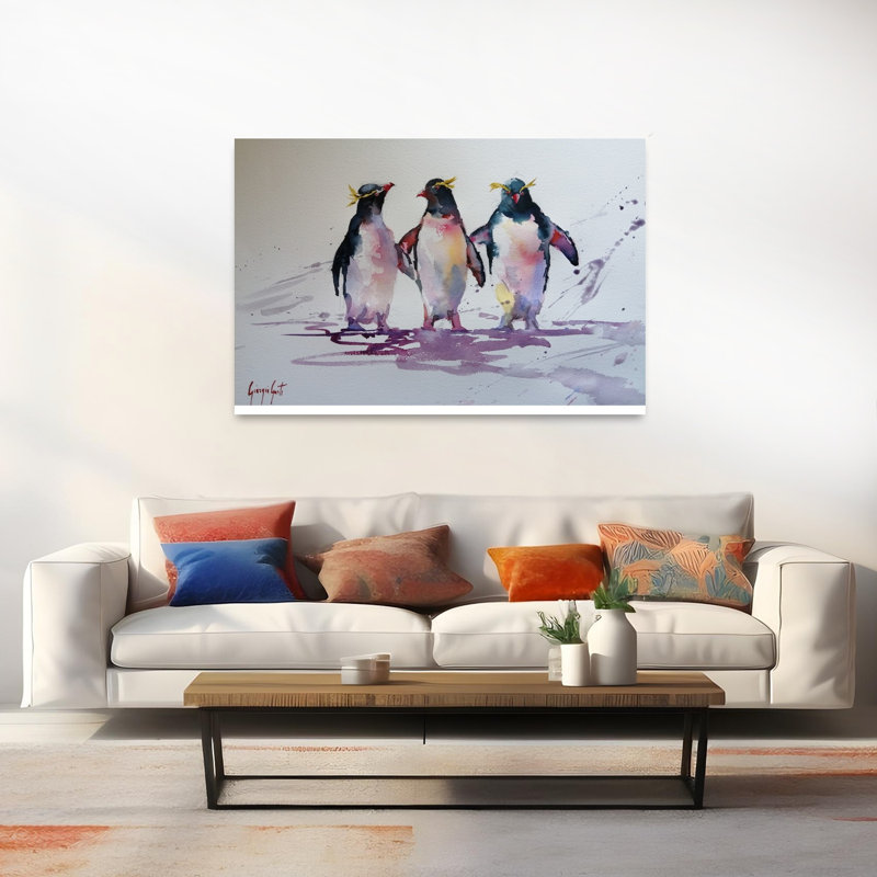 «Playful Penguin Friends», reproduction d'art colorée ludique, pingouin, oiseau, faune, hiver, 40" H x 60" W