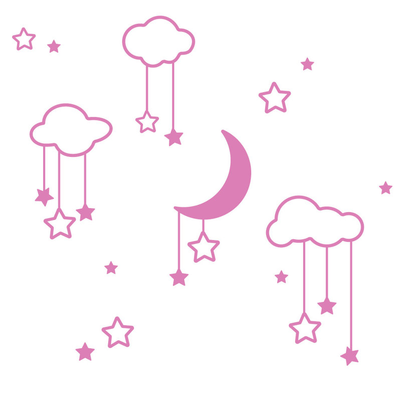 Décalcomanie murale étoiles et nuages lune, H 22 po x l 24 po x P 0,01 po, Gomme à bulles