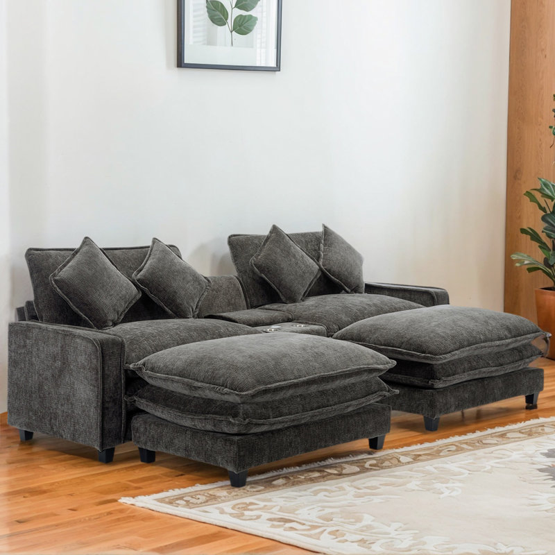 Canapé modulaire modulaire avec 2 repose-pieds, ports USB, porte-gobelets et rangement caché - Canapé en L revêtu de chenille