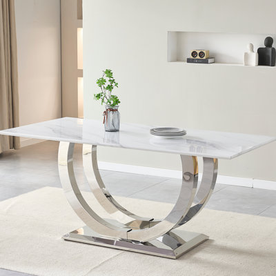 Modern Simple 68.06 Inch Rectangular Dining Table With Silver Mirror - Finish Stainless Steel Legs And White Marble Look Tabletop For Room Surface Lik