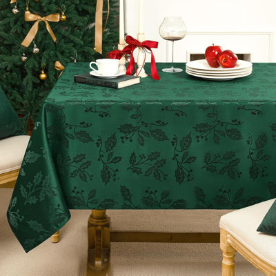 60"x84" Rectangle Green Christmas Jacquard Tablecloth, Vintage Holly Pattern, Polyester Waterproof Stain Resistant Table Cover for Dining, Holiday & Party Decor