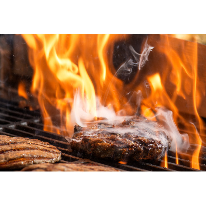 Hamburgers Cooking On Grill With Flames - Wrapped Canvas Print, 30cm H x 46cm W x 3.8cm D