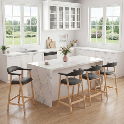 Scandinavian Upholstered Bar Stool With Wood Legs And Curved Back