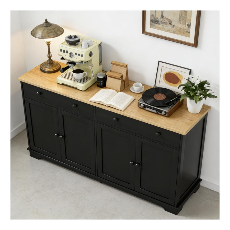 Buffet de style nordique avec tiroirs de rangement, buffet noir et chêne avec tablettes à 2 niveaux pour une organisation moderne