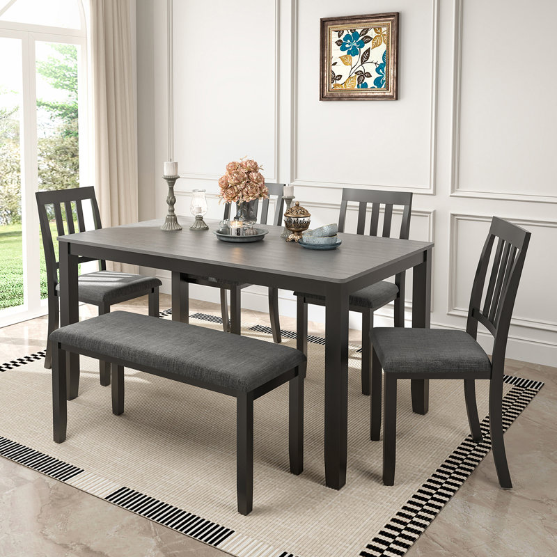 6 - Person Solid Wood Upholstered Dining Set, Gray, 6 Pieces: Table, Bench, 4 Chairs , Black