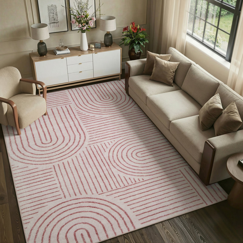 Celeta Washable Abstract Japandi Rainbow Striped Pink Area Rug - Colorful Modern Carpet for Living Room, Bedroom, Nursery or Play Room