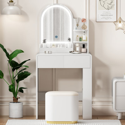 Compact Vanity Desk with LED Mirror & 2 Drawers, Makeup Table with Side Storage Shelves, 3-Color Lighting, Modern Curved Design for Bedroom, White, Ideal Gift