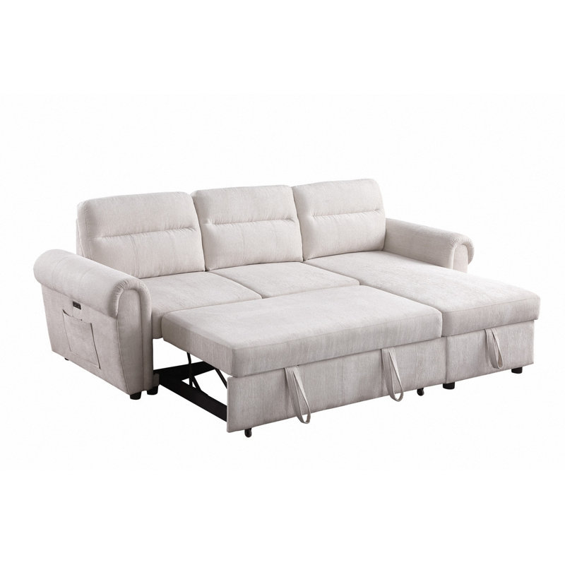 Canapé-lit modulaire réversible en chenille l 97 po beige avec chargeur USB, poches téléphone / magazine