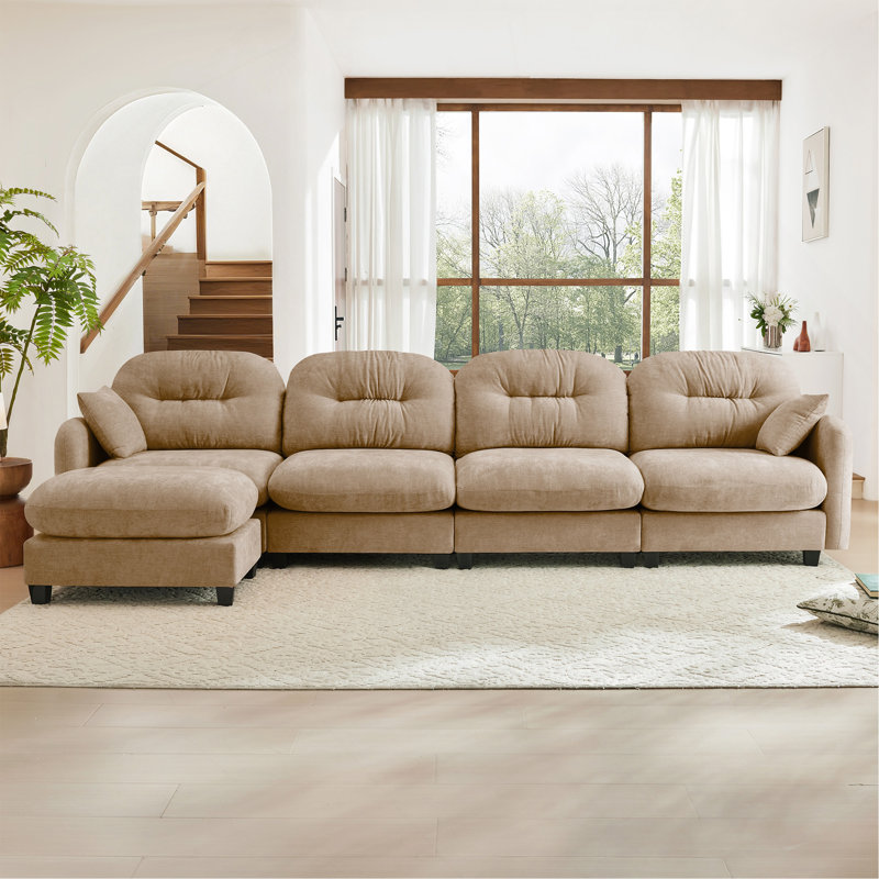 Canapé modulaire en L modulaire avec repose-pieds, tissu chenille doux, conception ergonomique, conception plissée matelassée, base en bois de haute qualité facile à installer, convient aux chambres à coucher, aux coins lecture, au chameau