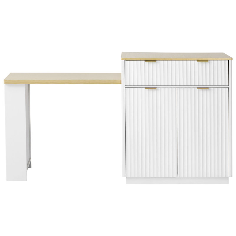 Îlot de cuisine cannelé 82,6 po avec table de salle à manger extensible, Blanc