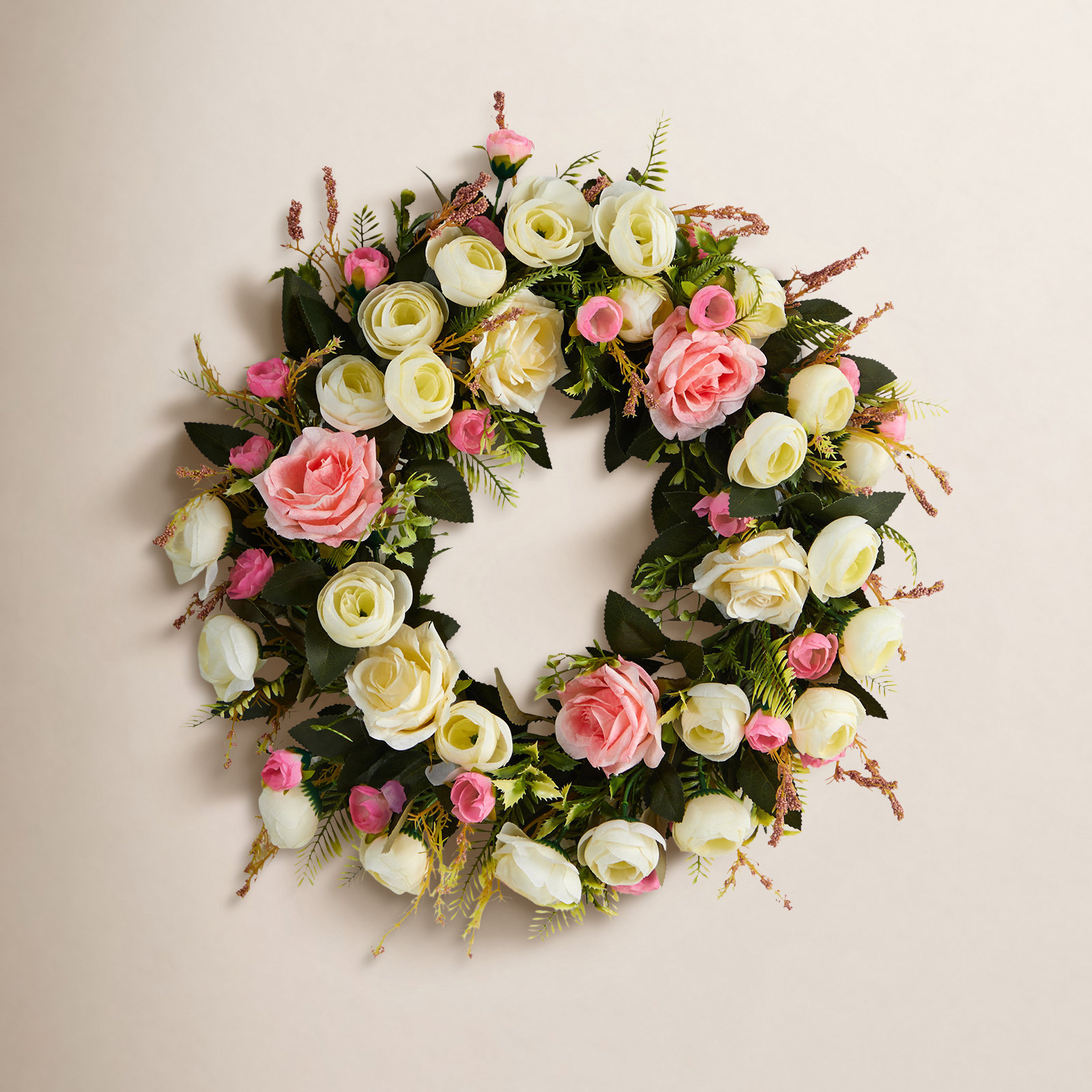 20'' Polyester Wreath, Green x White x Pink