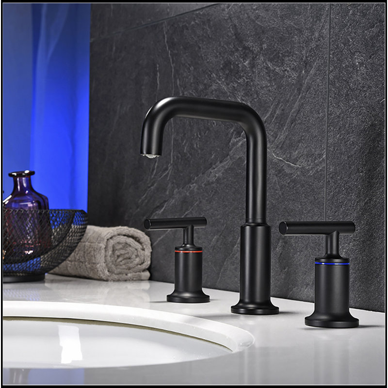 Robinet de lavabo de salle de bain espacé noir mat avec tuyau d'alimentation en eau et cartouche CUPC