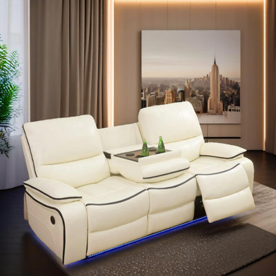 Maple  White Vegan Leather  Reclining  Sofa With Cup-Holders ,Wireless Charging And LED Lights