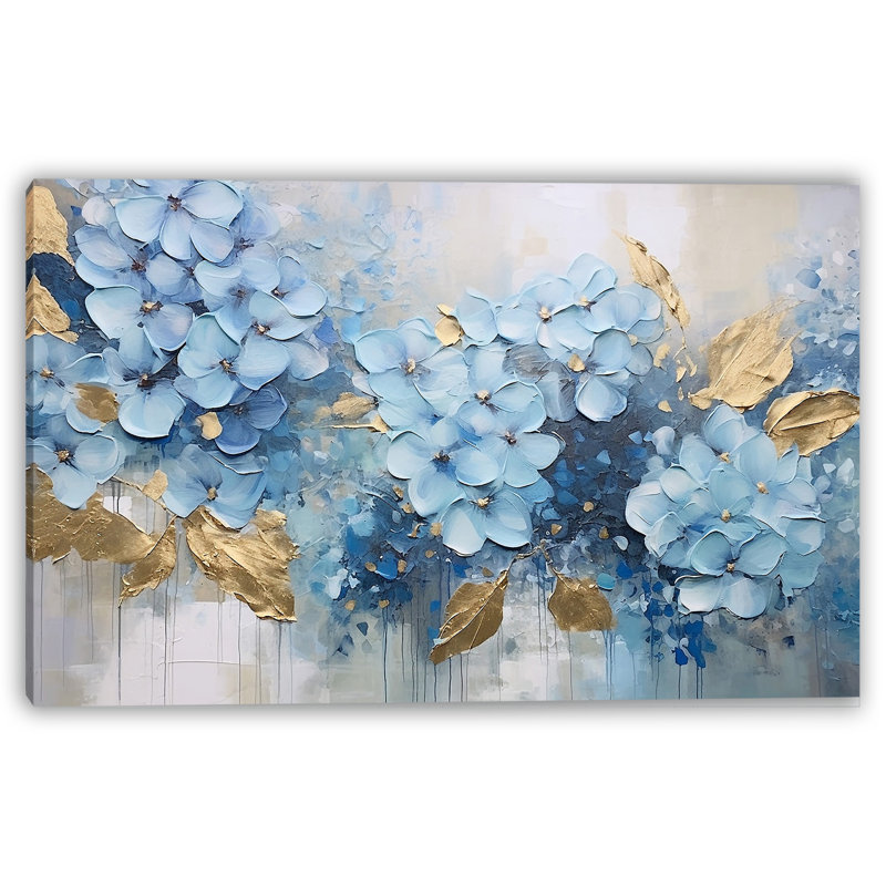 Blue Bloom Symphony – Textured Floral Canvas Print Art with Gold Accents, 24" H x 36" W
