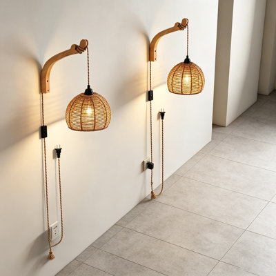 Plug in Wall Sconce Set of 2, Farmhouse Hand Woven Rattan Wall Light with Wood Holder and Hemp Rope Cord, Rustic Boho Sconces for Living Room Bedroom Hallway, 7.87 Inch Bamboo Lampshade, E26 Bulb Compatible
