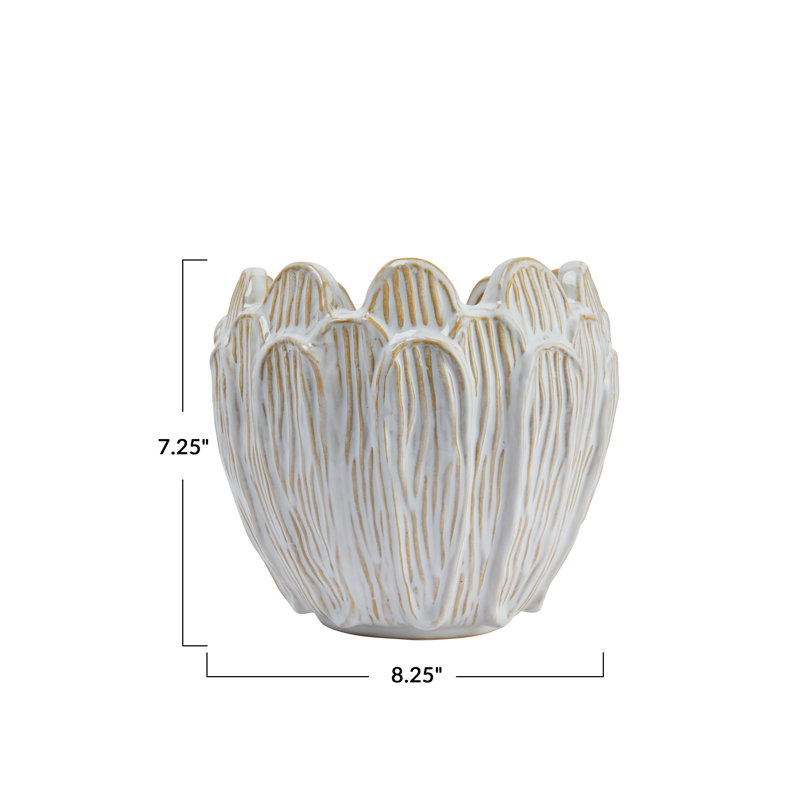 Debossed Stoneware Flower Shaped Planter in Reactive Glaze
