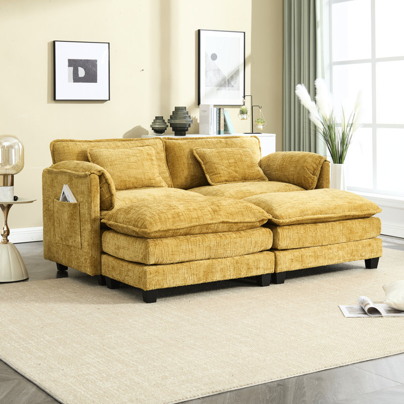 Détente deux en chenille jaune avec poches détachables, scintillantes et repose-pieds en tissu