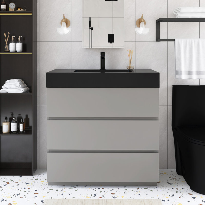 36" Freestanding Bathroom Vanity With Integrated Resin Top, Grey