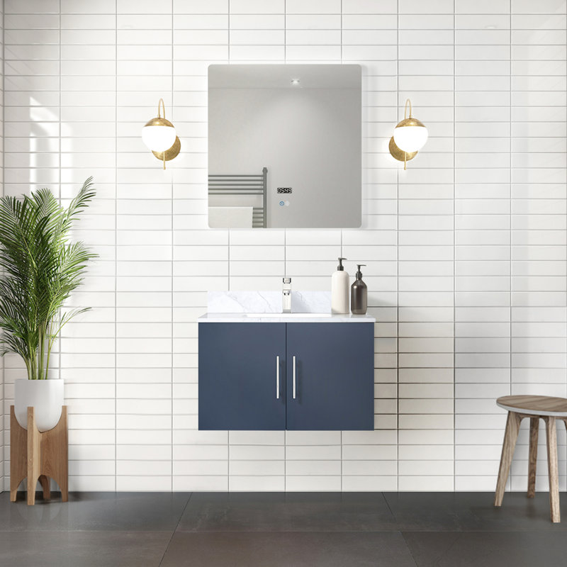 Meuble-lavabo bleu marine pour salle de bain en marbre Miroir à DEL - fermeture en douceur, grand compartiment de rangement contre les taches