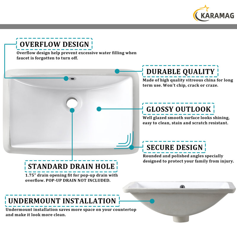  Lavabo de salle de bain encastrable en céramique blanche avec trop-plein 18,7 po x 11,9 po KARAMAG