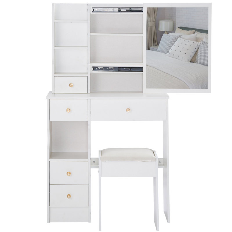 Petit meuble-lavabo de 29,2 po avec tabouret de bureau et tabouret rembourré, très grand miroir coulissant à droite, rangement multi-couches à grande capacité, commode pratique et pratique, convient aux petits espaces
