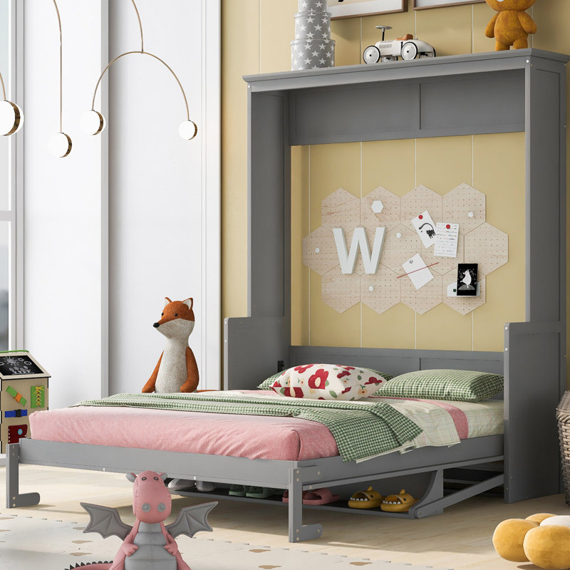 Grand lit escamotable avec tablette convertible et tête de lit, Gris