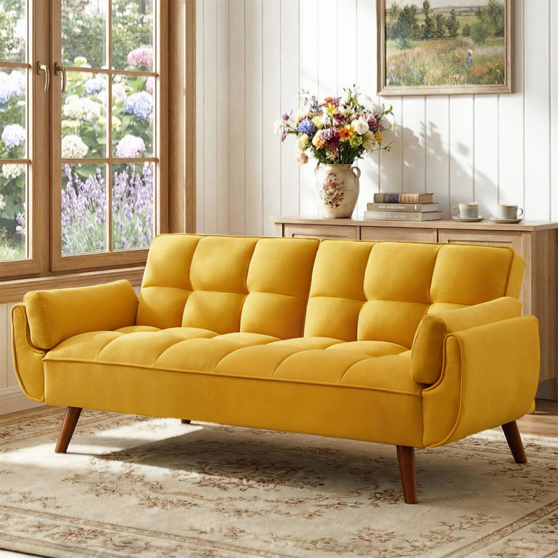 Canapé-lit convertible de 75 po, canapé futon inclinable, petit canapé-lit pliant pour salon, bureau, appartement, Jaune