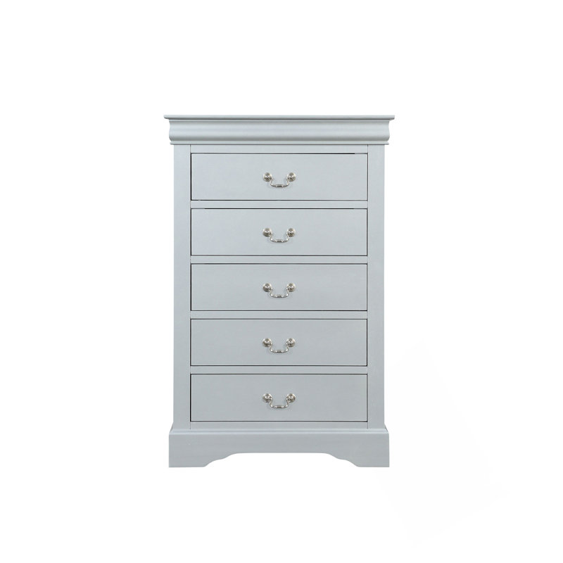Commode moderne avec cinq tiroirs spacieux, des glissières lisses et une fabrication en queue d'aronde durable pour un rangement organisé.