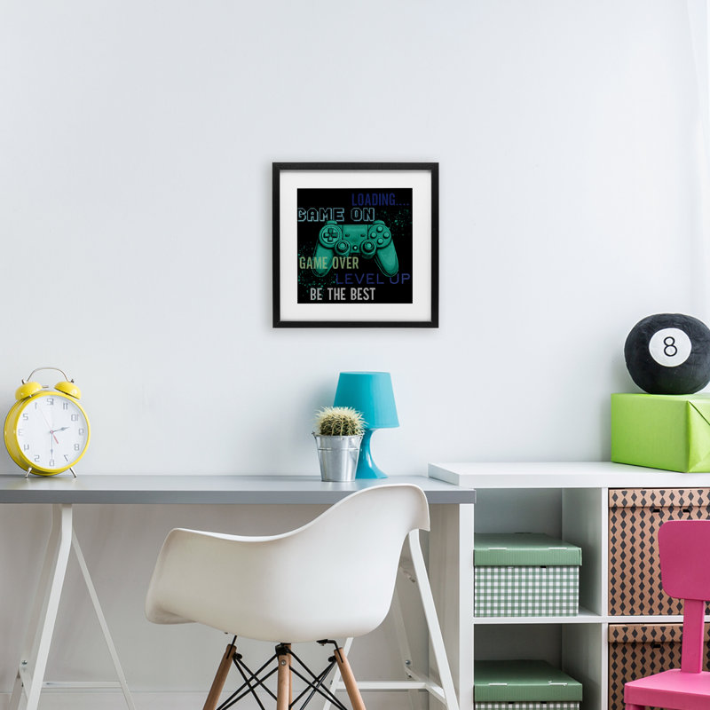 «Game On Level Up», reproduction sous verre encadrée, par Kim Allen, H 13 po x l 13 po, Cadre noir minuit