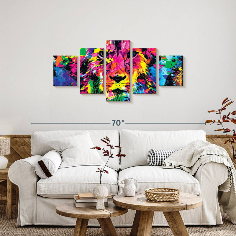 «Lion Abstract Lion Face», ensemble de 5 pièces sur toile, H 24 po x l 55 po x P 1,25 po