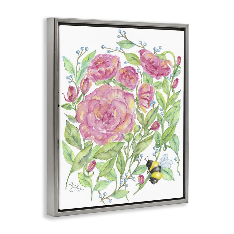 Cadre flottant pivoine et bourdon, design Maureen Grigs, H 31 po x l 25 po, Cadre flottant gris lustré